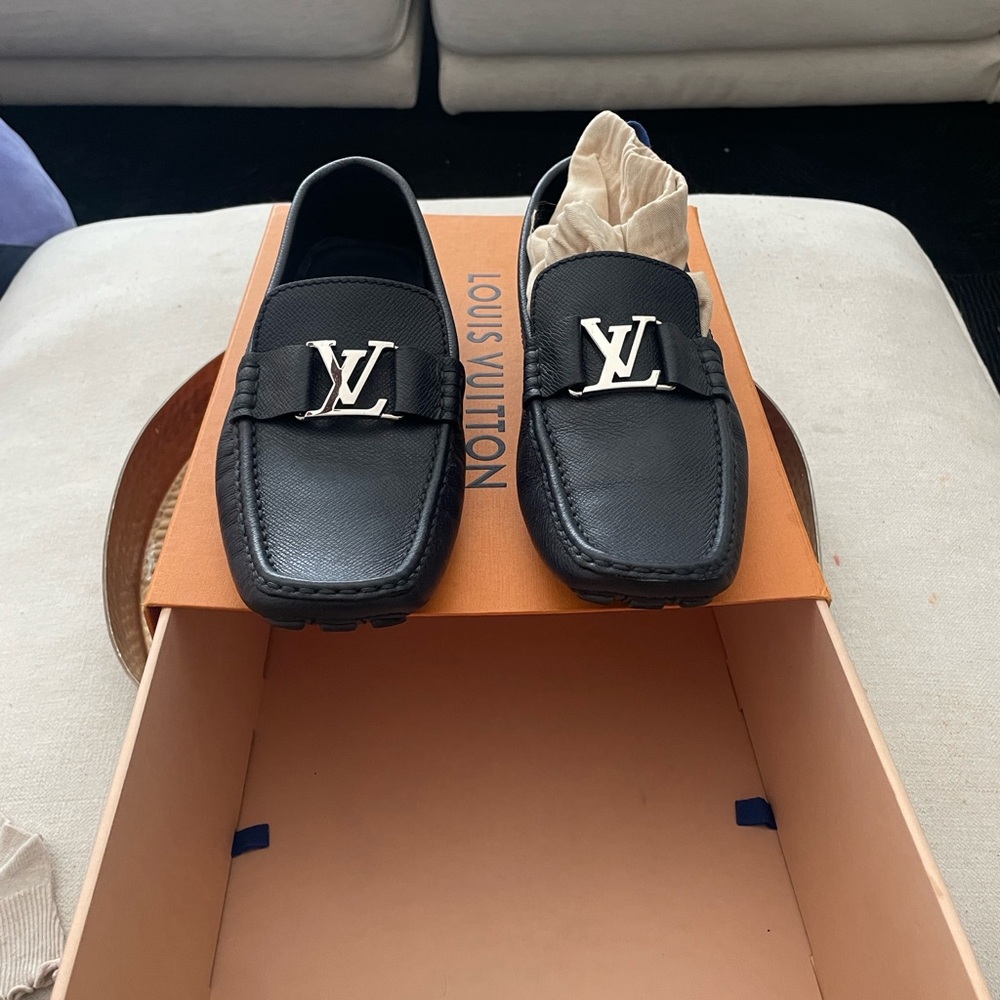 Louis Vuitton dark blue Leather Loafers with Silver Logo